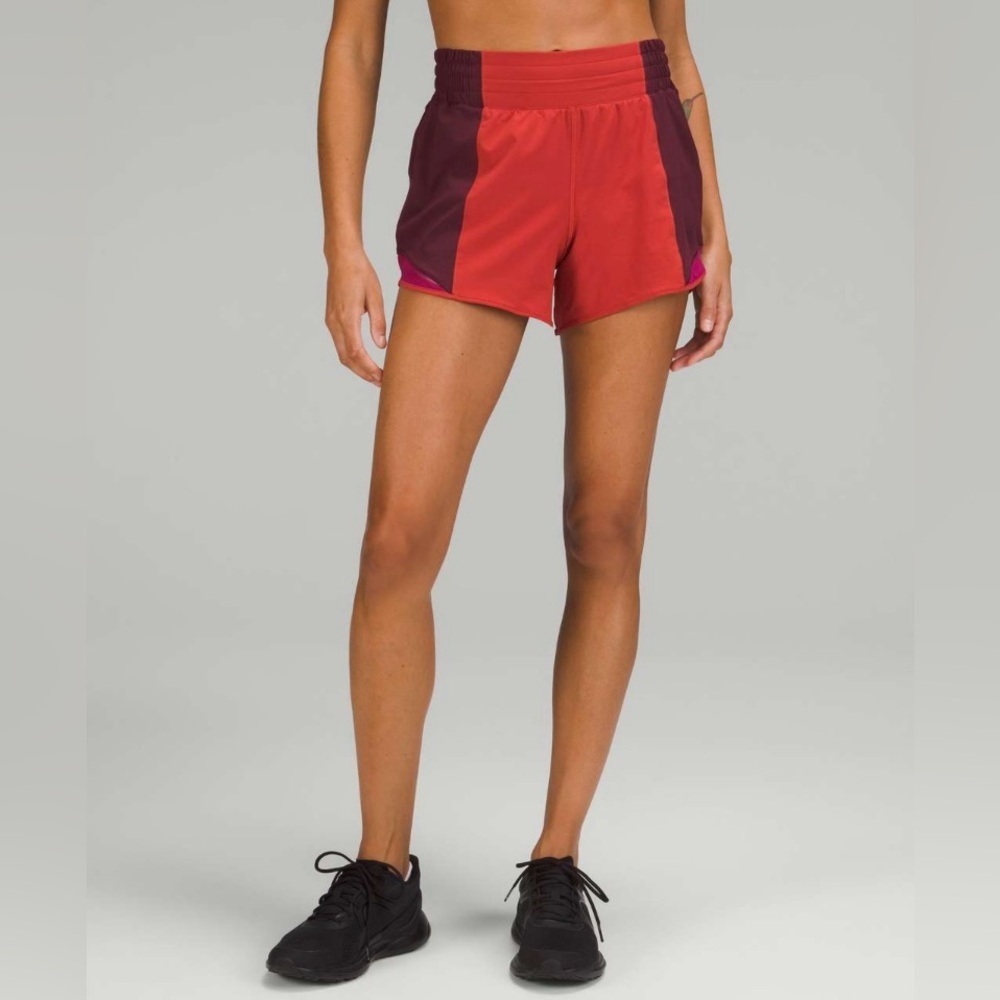 Lululemon Hotty Hot Short 4” Colour Block Red Rock Red Merlot Pomegranate Sz 2